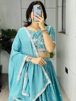 blue georgette thread work lehenga set 6