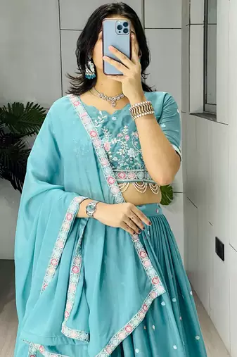 blue georgette thread work lehenga set