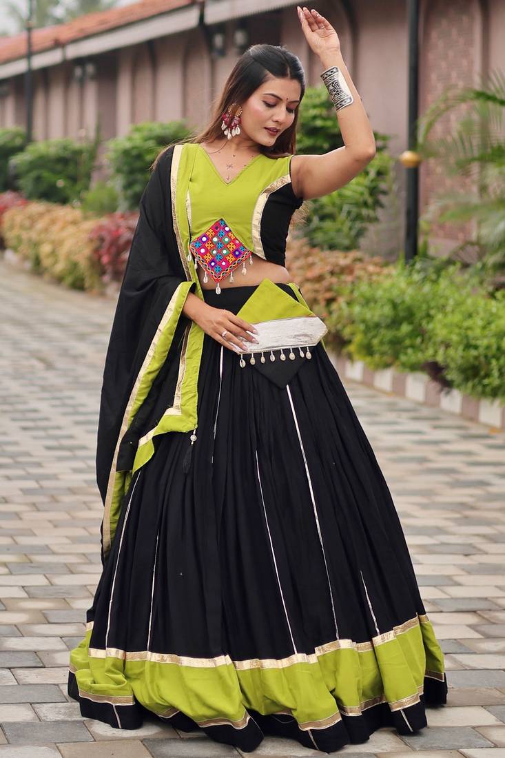 Beauteous Black Lace Work Cotton Navratri Special Lehenga Choli With Dupatta