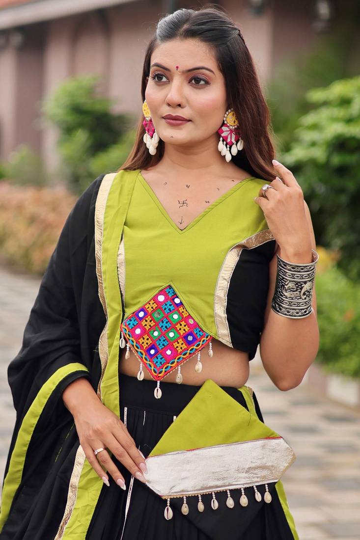 Beauteous Black Lace Work Cotton Navratri Special Lehenga Choli With Dupatta