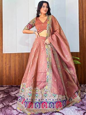 designer beige silk lehenga with sequins work 1
