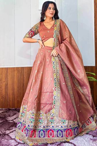 designer beige silk lehenga with sequins work