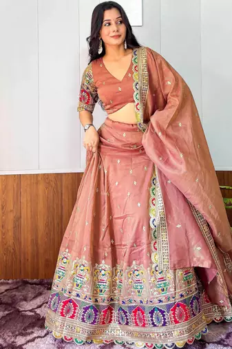 designer beige silk lehenga with sequins work