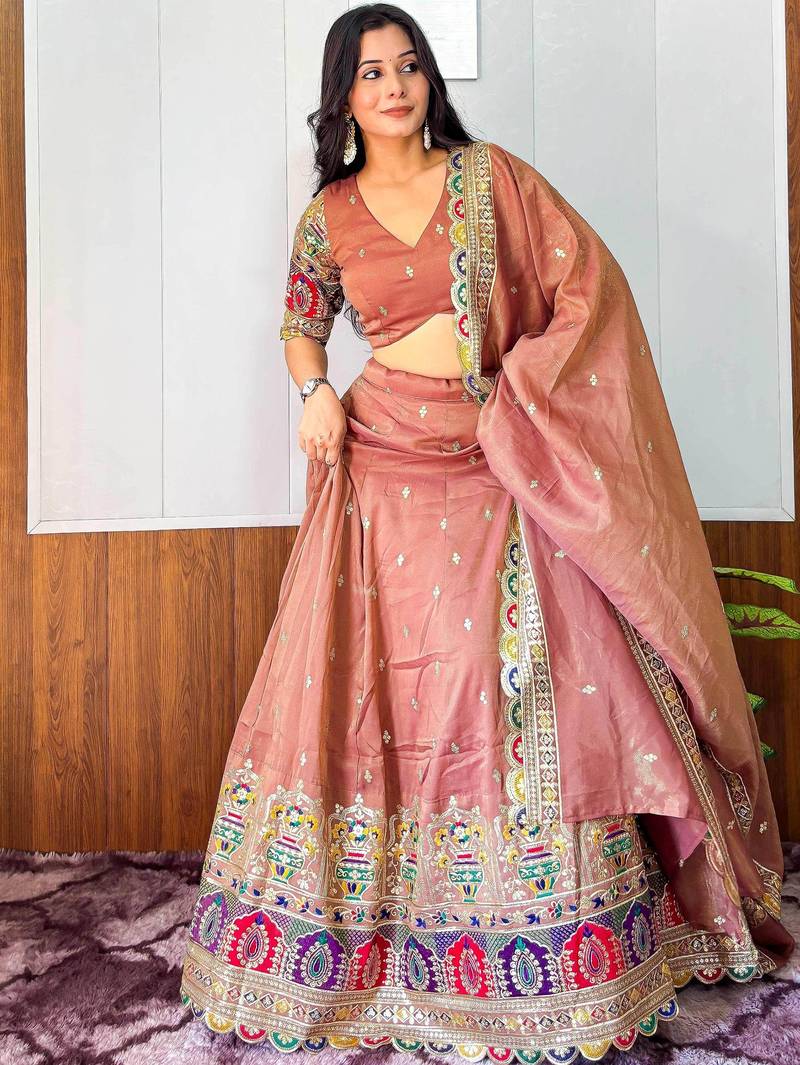 Eye-Catching Beige Sequins Work Silk Function Wear Lehenga Choli With Dupatta