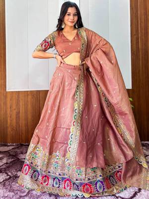 designer beige silk lehenga with sequins work 3