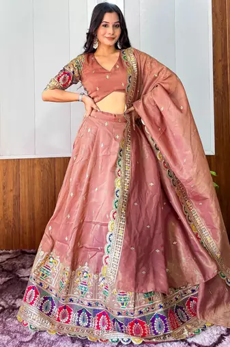 designer beige silk lehenga with sequins work