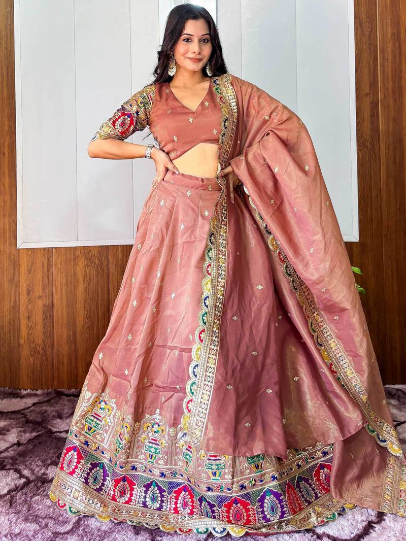 Eye-Catching Beige Sequins Work Silk Function Wear Lehenga Choli With Dupatta