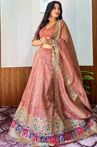 designer beige silk lehenga with sequins work