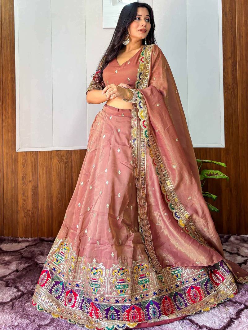 Eye-Catching Beige Sequins Work Silk Function Wear Lehenga Choli With Dupatta