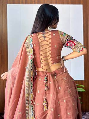 designer beige silk lehenga with sequins work 5