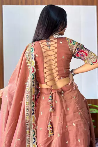 designer beige silk lehenga with sequins work