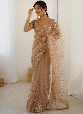 Beige zari sequnce embroidery work net sarees with unsttiched blouse 1