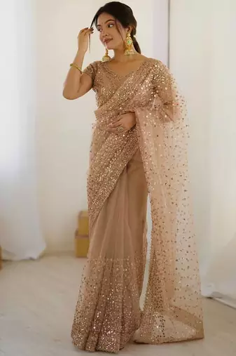 Beige zari sequnce embroidery work net sarees with unsttiched blouse