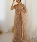Beige zari sequnce embroidery work net sarees with unsttiched blouse