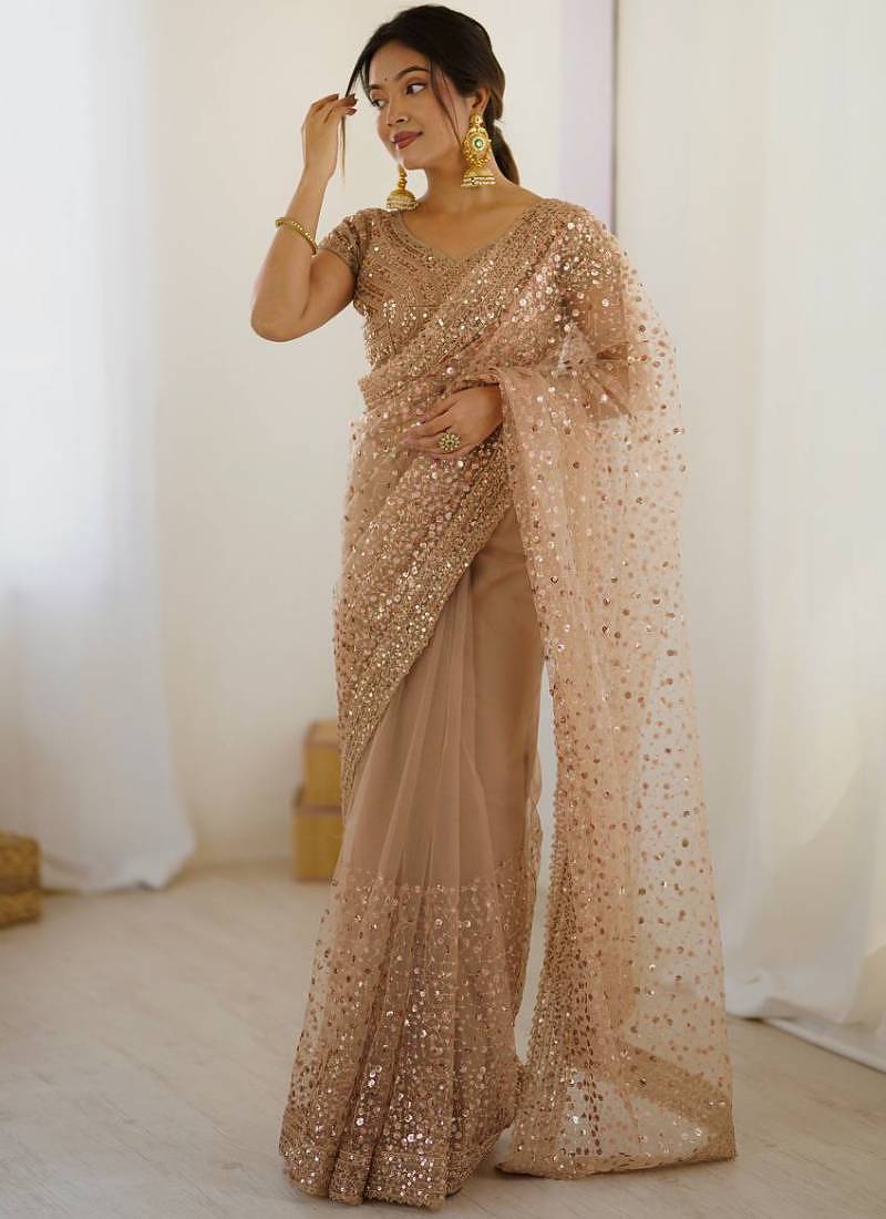 Beige zari sequnce embroidery work net sarees with unsttiched blouse