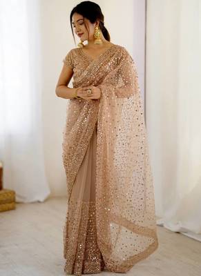 Beige zari sequnce embroidery work net sarees with unsttiched blouse 2