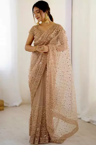 Beige zari sequnce embroidery work net sarees with unsttiched blouse
