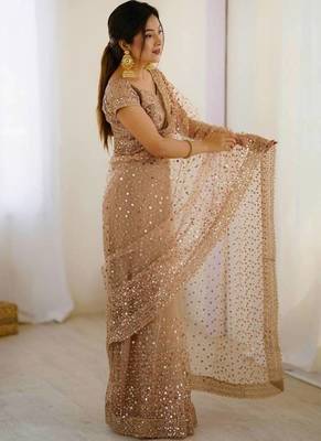 Beige zari sequnce embroidery work net sarees with unsttiched blouse 3