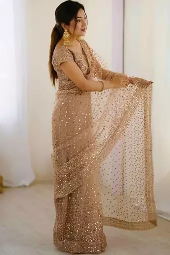 Beige zari sequnce embroidery work net sarees with unsttiched blouse