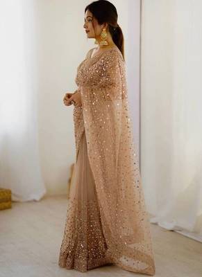 Beige zari sequnce embroidery work net sarees with unsttiched blouse 4