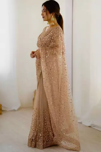 Beige zari sequnce embroidery work net sarees with unsttiched blouse