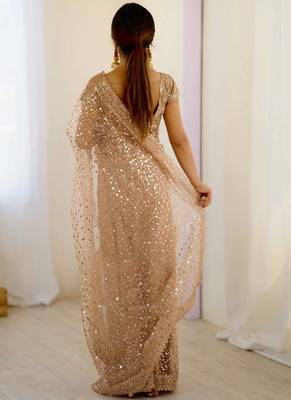 Beige zari sequnce embroidery work net sarees with unsttiched blouse 5