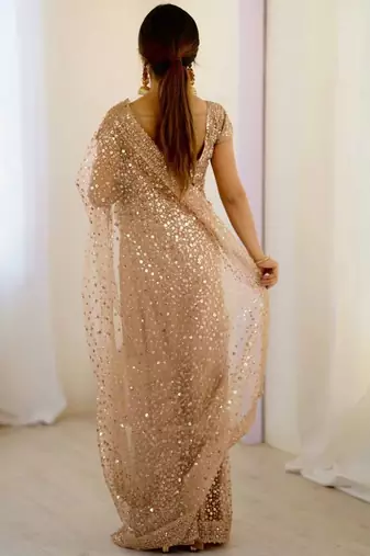 Beige zari sequnce embroidery work net sarees with unsttiched blouse