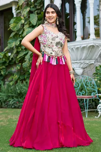 Charming Rani Pink Tissue Silk Event Wear Lehenga With Thread Work Blouse