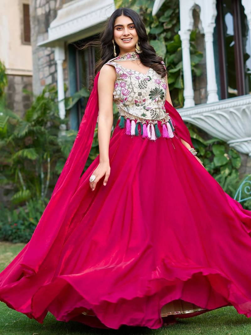 Charming Rani Pink Tissue Silk Event Wear Lehenga With Thread Work Blouse