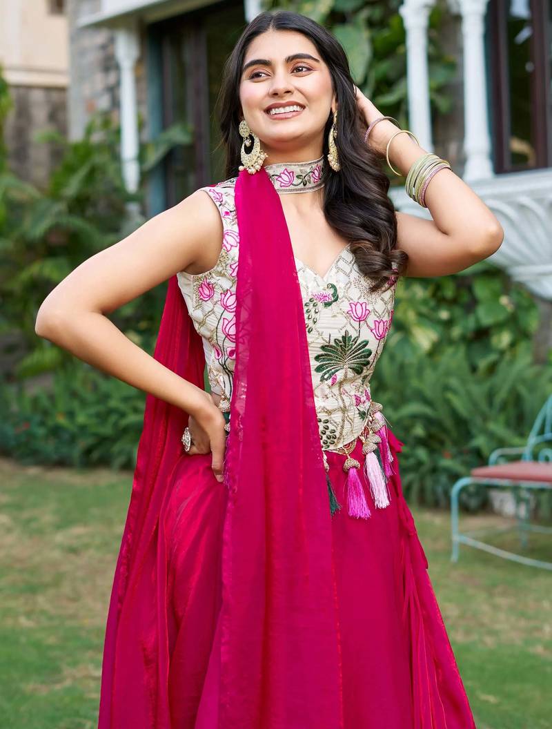 Charming Rani Pink Tissue Silk Event Wear Lehenga With Thread Work Blouse