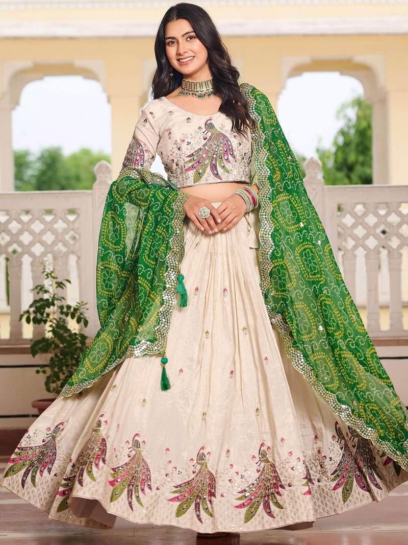 Sumptuous Off-White Sequins Tissue Silk Event Wear Lehenga Choli With Green Dupatta