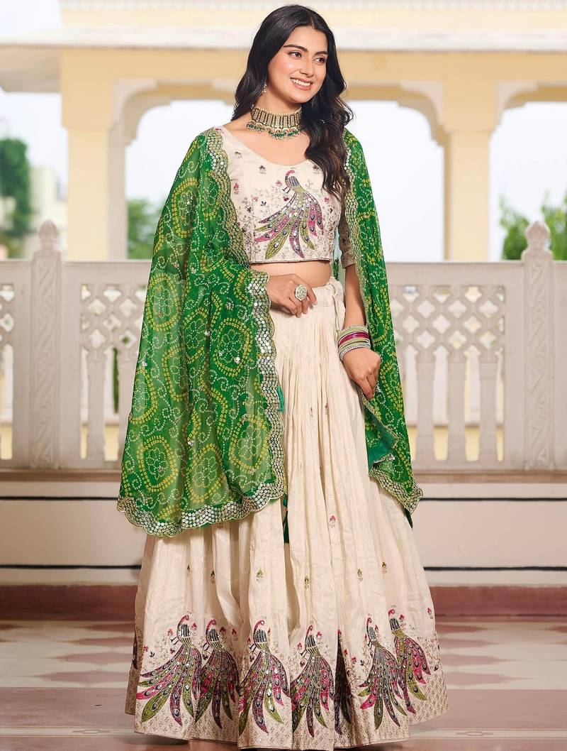 Sumptuous Off-White Sequins Tissue Silk Event Wear Lehenga Choli With Green Dupatta