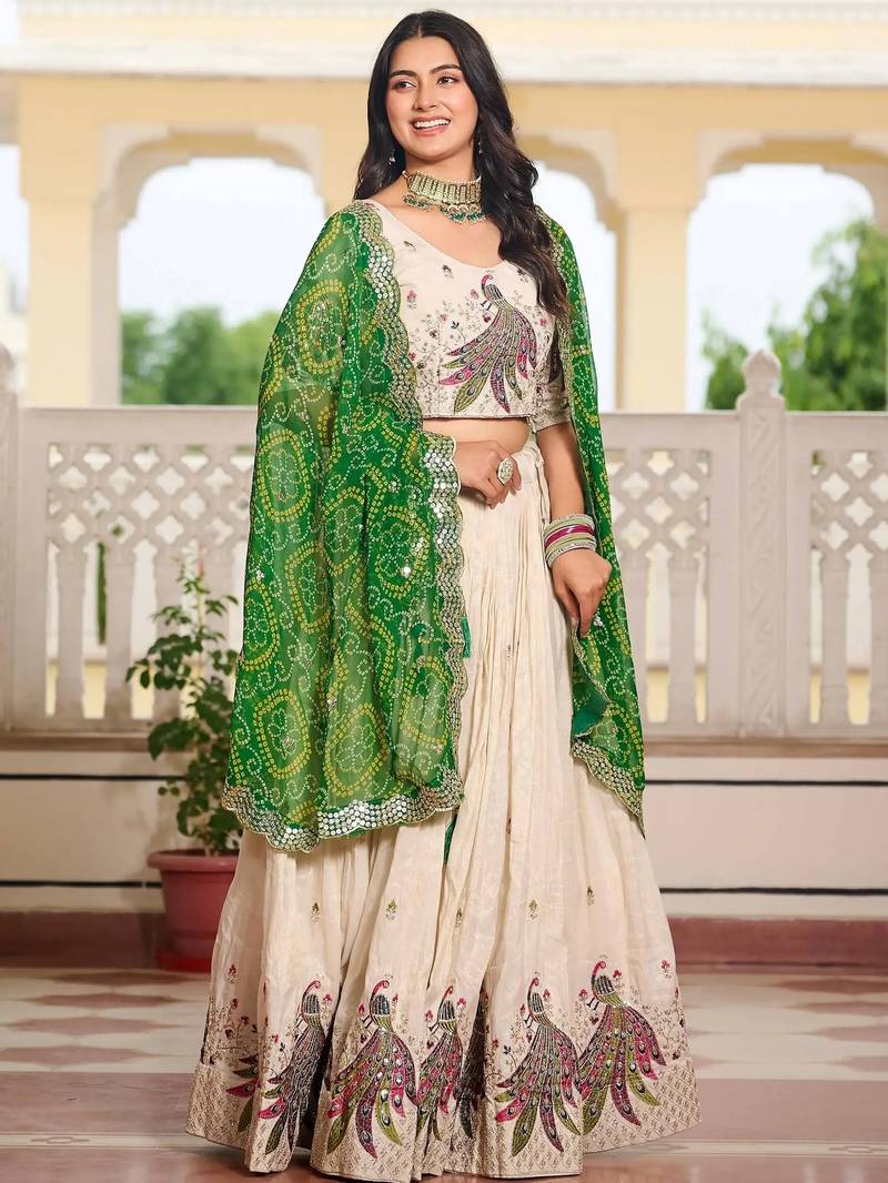 Sumptuous Off-White Sequins Tissue Silk Event Wear Lehenga Choli With Green Dupatta