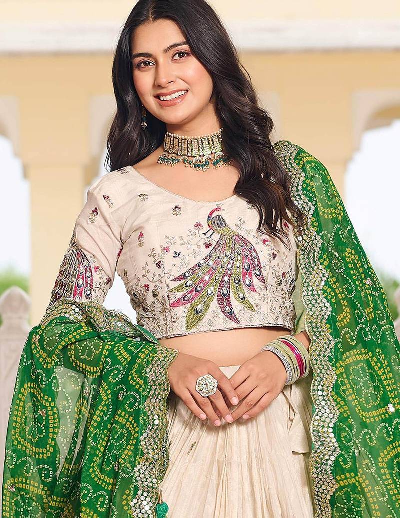 Sumptuous Off-White Sequins Tissue Silk Event Wear Lehenga Choli With Green Dupatta