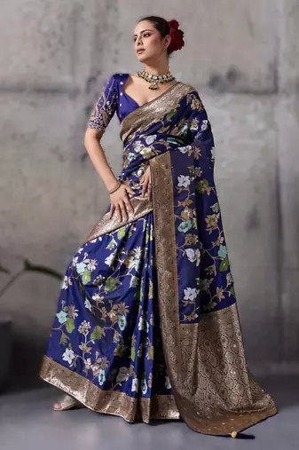 Navy blue high density banarasi silk saree with architectural designer blouse