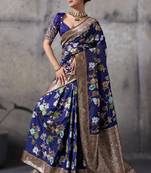 Navy blue high density banarasi silk saree with architectural designer blouse