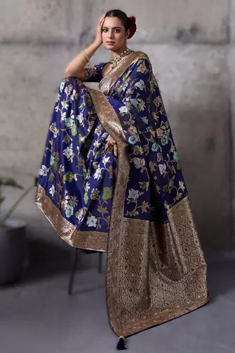 Navy blue high density banarasi silk blend saree with architectural blouse