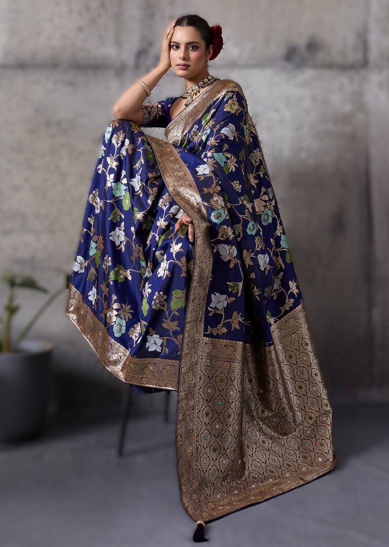 Navy blue high density banarasi silk saree with architectural designer blouse