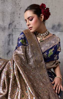 Navy blue high density banarasi silk blend saree with architectural blouse 3
