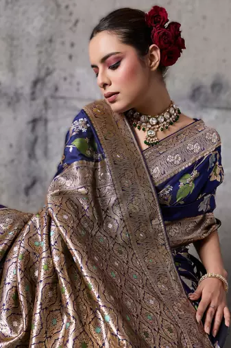 Navy blue high density banarasi silk blend saree with architectural blouse