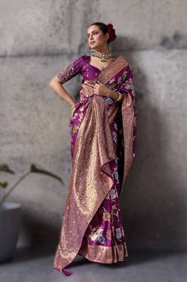 Magenta high density banarasi silk blend saree with architectural blouse 1