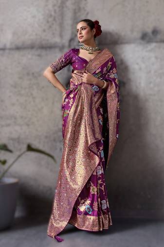 Magenta high density banarasi silk saree with architectural designer blouse