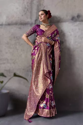 Magenta high density banarasi silk saree with architectural designer blouse