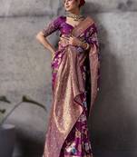 Magenta high density banarasi silk saree with architectural designer blouse