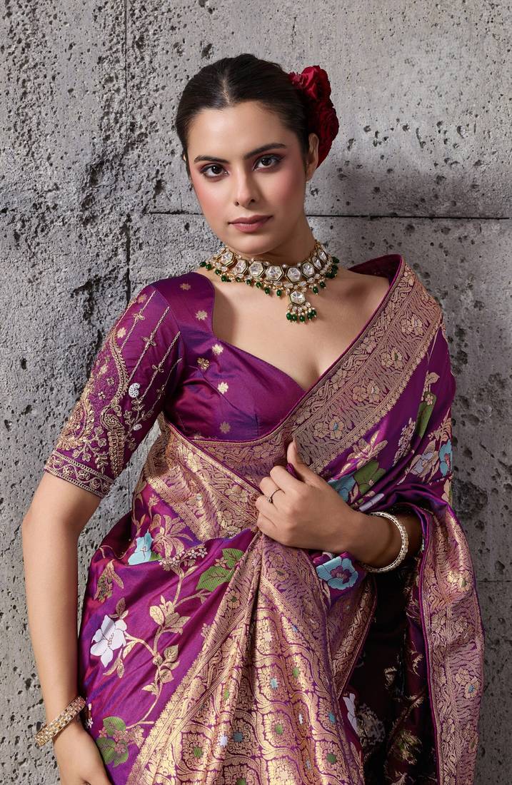 Magenta high density banarasi silk saree with architectural designer blouse