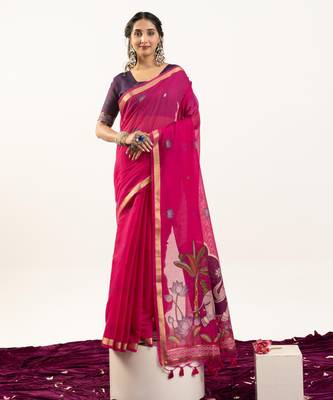Pink premium muga cotton saree with rajwadi weaving lotus buttis & contrast blouse 1