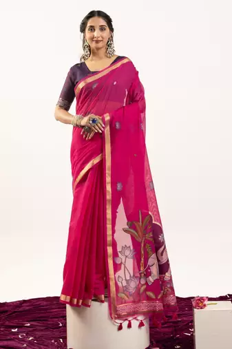 Pink premium muga cotton saree with rajwadi weaving, lotus buttis & contrast blouse