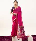 Pink premium muga cotton saree with rajwadi weaving, lotus buttis & contrast blouse
