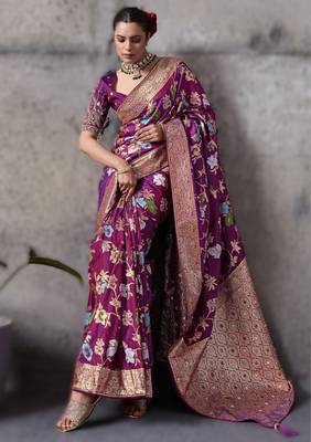 Magenta high density banarasi silk blend saree with architectural blouse 3