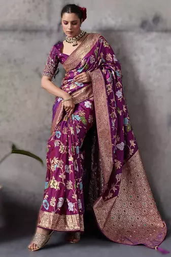 Magenta high density banarasi silk blend saree with architectural blouse